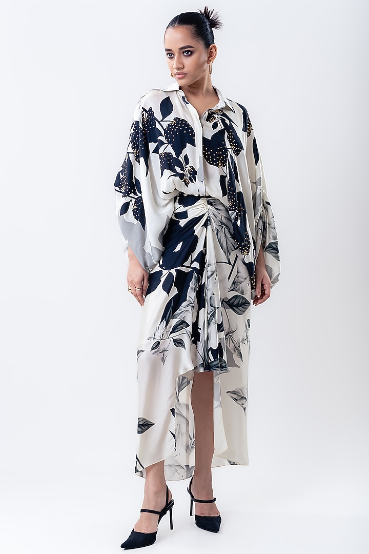 Off-White Satin Printed Skirt Set by Nupur Kanoi at Pernia's Pop Up Shop