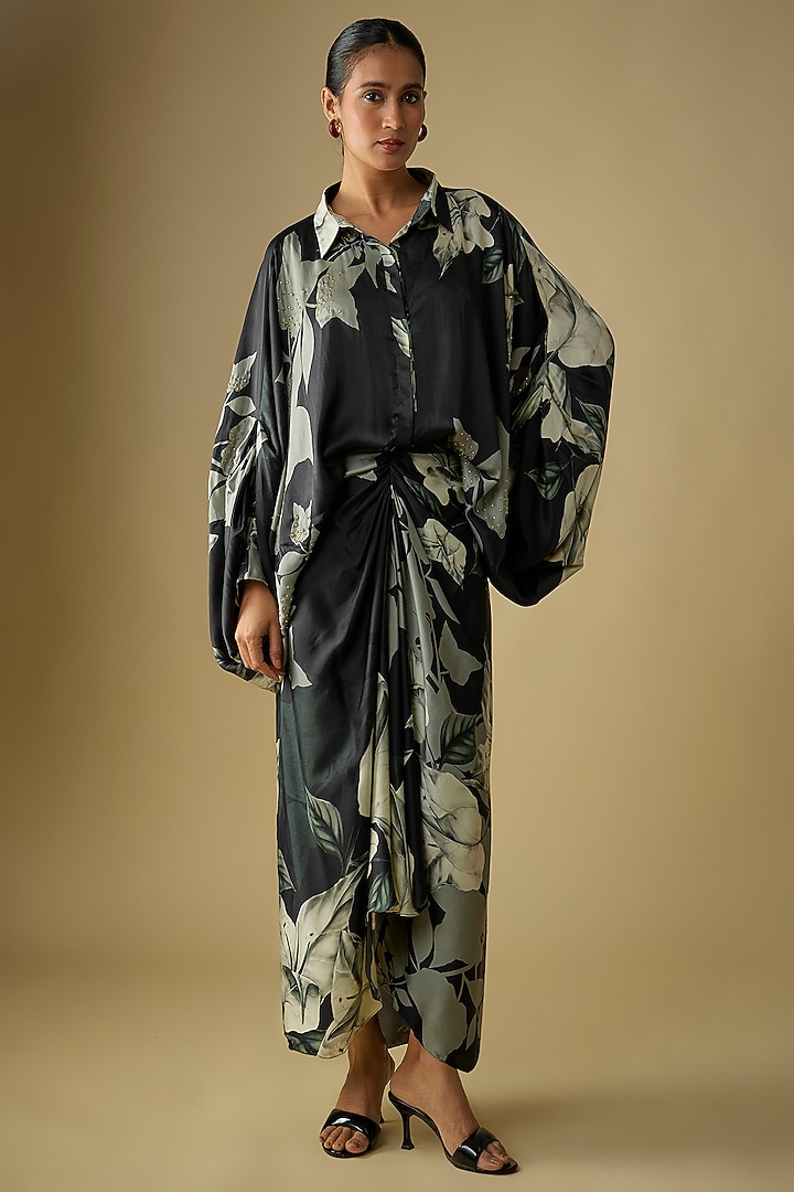 Black Satin Digital Printed Skirt Set by Nupur Kanoi at Pernia's Pop Up Shop