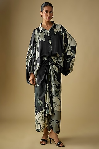 Black Satin Digital Printed Skirt Set by Nupur Kanoi