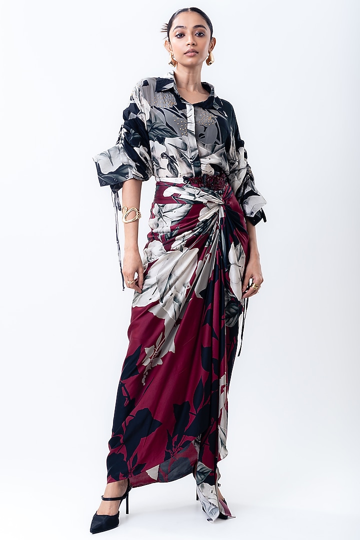 Burgundy Crepe & Satin Printed Skirt Set by Nupur Kanoi at Pernia's Pop Up Shop
