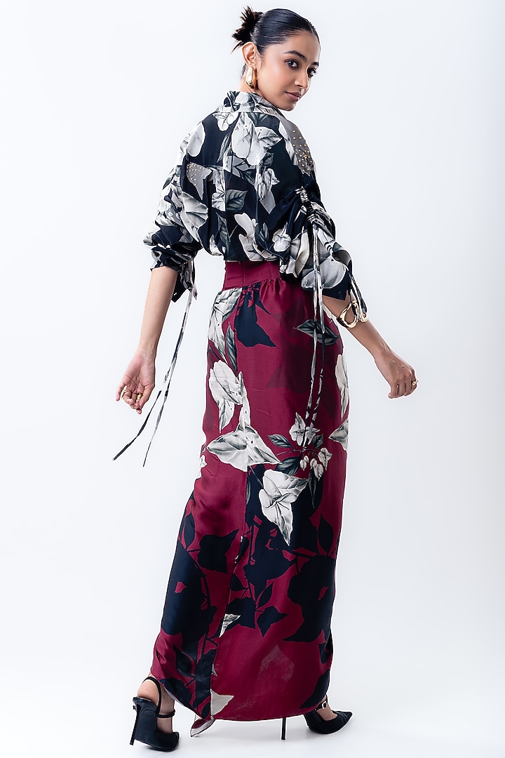 Burgundy Crepe & Satin Printed Skirt Set by Nupur Kanoi at Pernia's Pop Up Shop