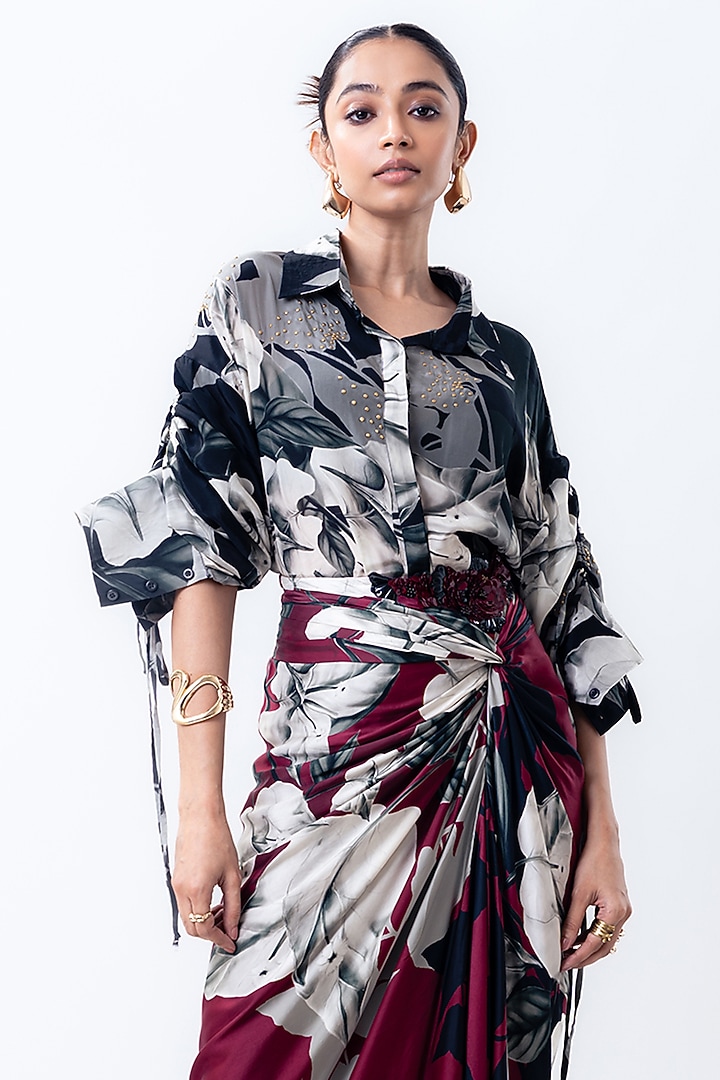 Burgundy Crepe & Satin Printed Skirt Set by Nupur Kanoi at Pernia's Pop Up Shop