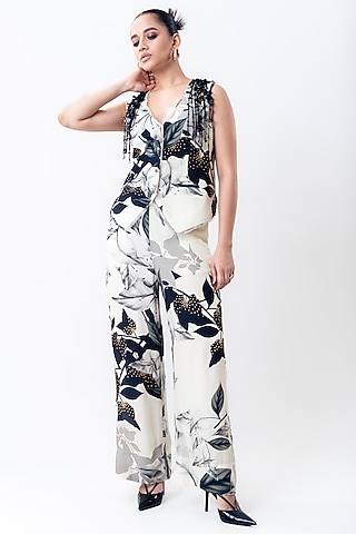 Off-White Chiffon & Crepe Printed Pant Set by Nupur Kanoi