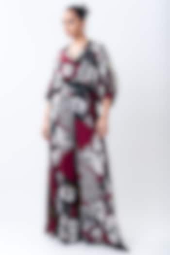 Burgundy Crepe Printed Jumpsuit by Nupur Kanoi at Pernia's Pop Up Shop