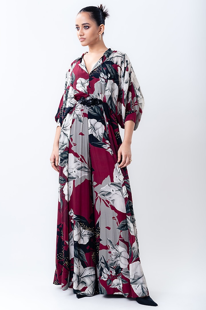 Burgundy Crepe Printed Jumpsuit by Nupur Kanoi at Pernia's Pop Up Shop