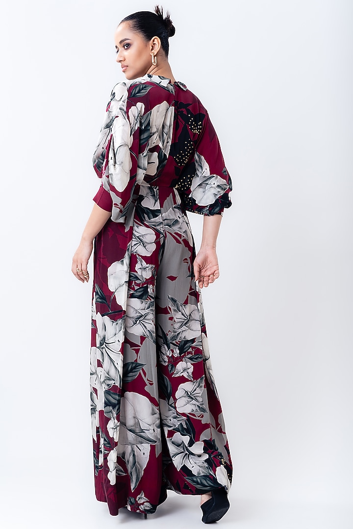 Burgundy Crepe Printed Jumpsuit by Nupur Kanoi at Pernia's Pop Up Shop