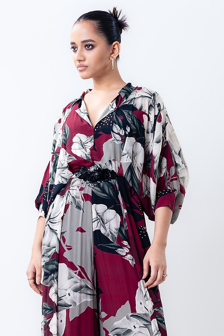 Burgundy Crepe Printed Jumpsuit by Nupur Kanoi at Pernia's Pop Up Shop