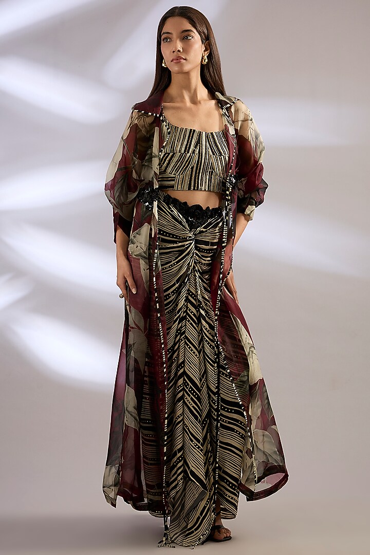 Burgundy Satin Printed Knotted Skirt Set by Nupur Kanoi at Pernia's Pop Up Shop