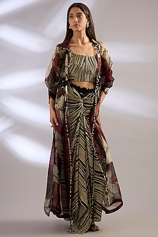 Burgundy Satin Printed Knotted Skirt Set by Nupur Kanoi