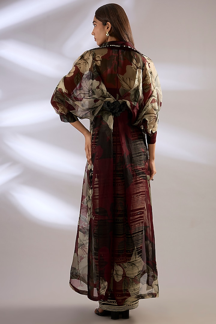 Burgundy Satin Printed Knotted Skirt Set by Nupur Kanoi at Pernia's Pop Up Shop