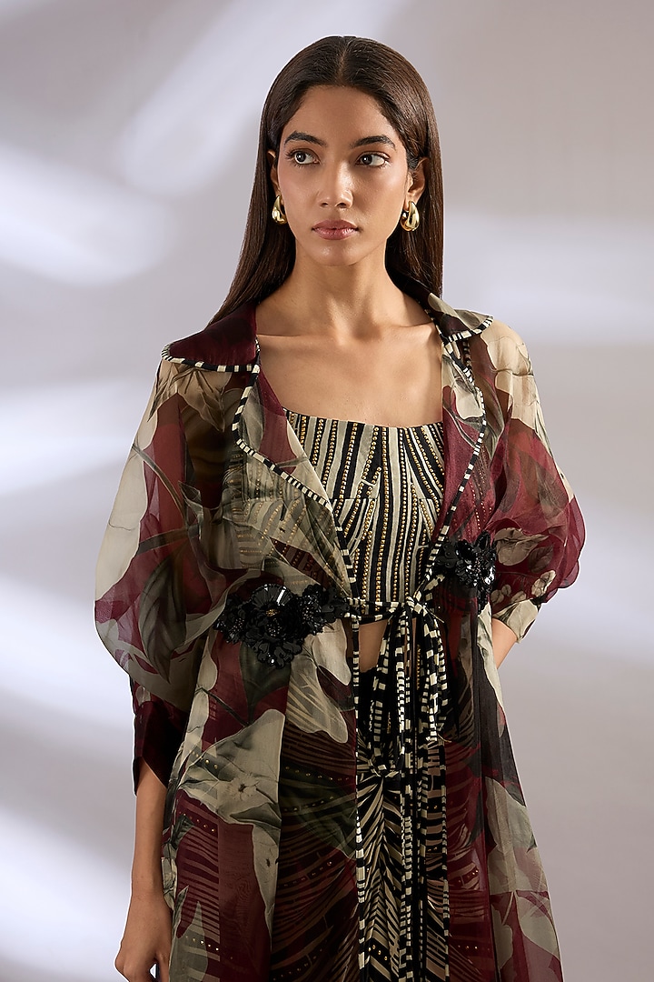 Burgundy Satin Printed Knotted Skirt Set by Nupur Kanoi at Pernia's Pop Up Shop