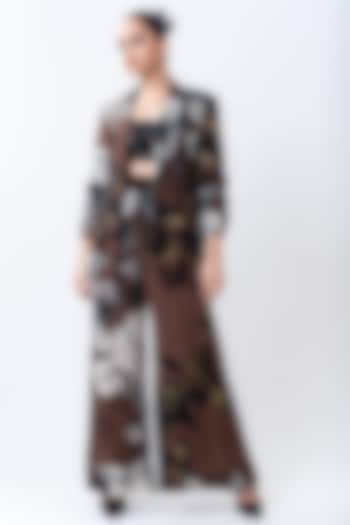 Brown Crepe & Satin Printed Blazer Set by Nupur Kanoi at Pernia's Pop Up Shop