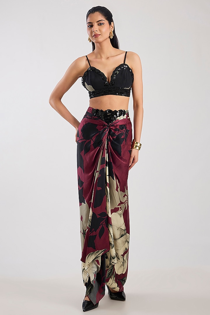 Wine Satin Digital Printed A-Line Skirt Set by Nupur Kanoi at Pernia's Pop Up Shop