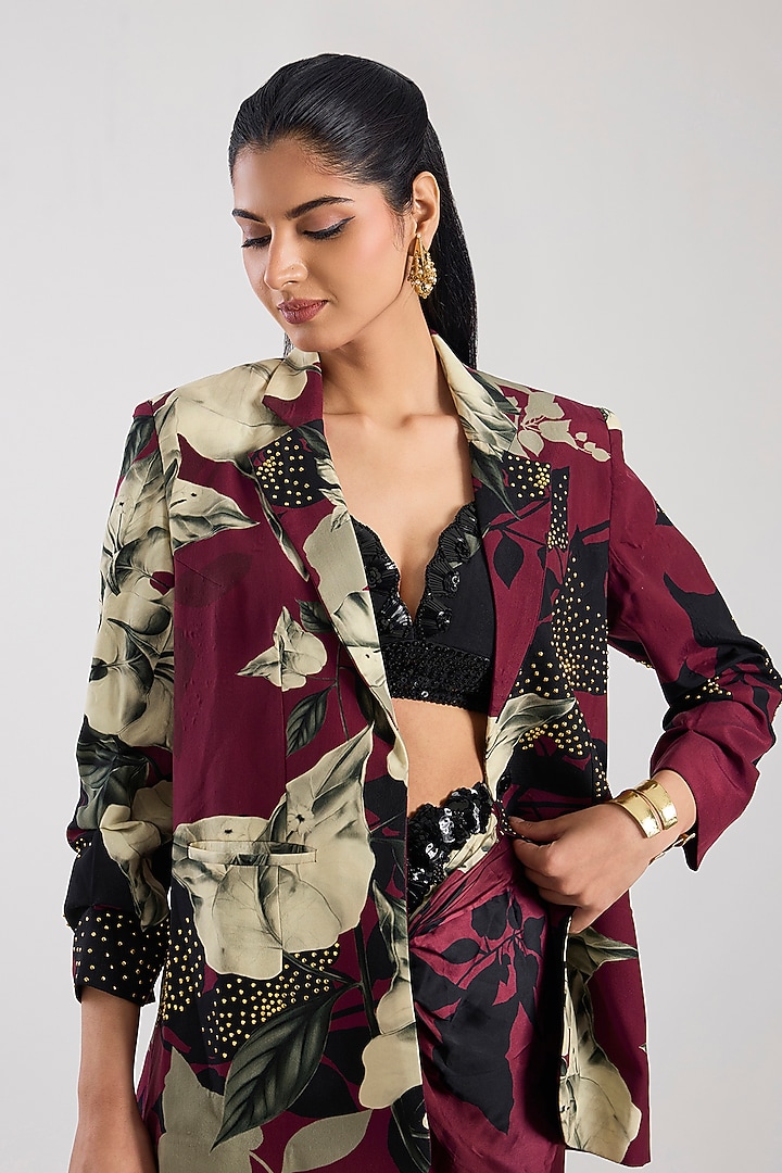 Wine Satin Digital Printed A-Line Skirt Set by Nupur Kanoi at Pernia's Pop Up Shop