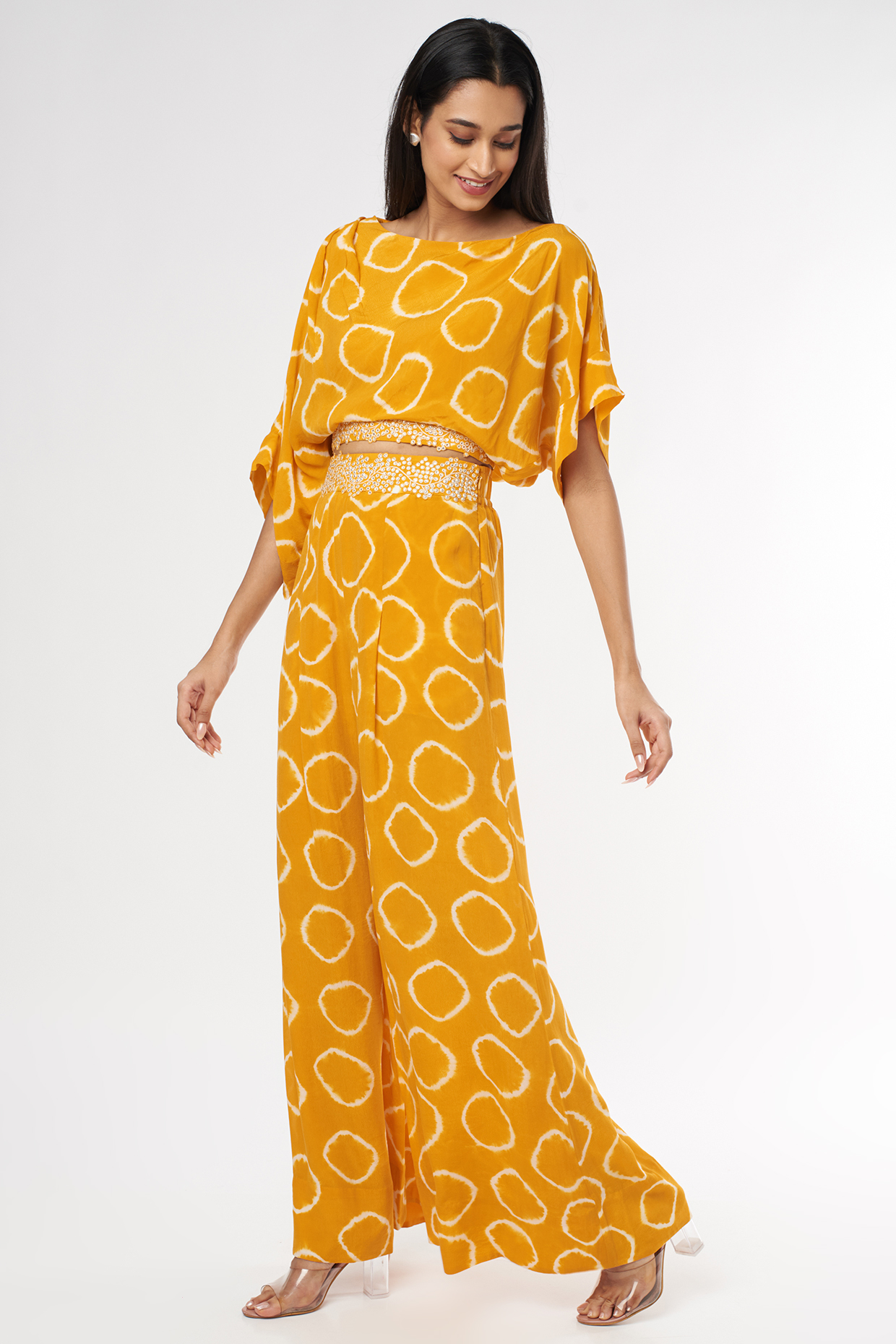 Mustard Crepe Polka Printed Hand-Dyed Pant Set by Nupur Kanoi at Pernia's Pop Up Shop