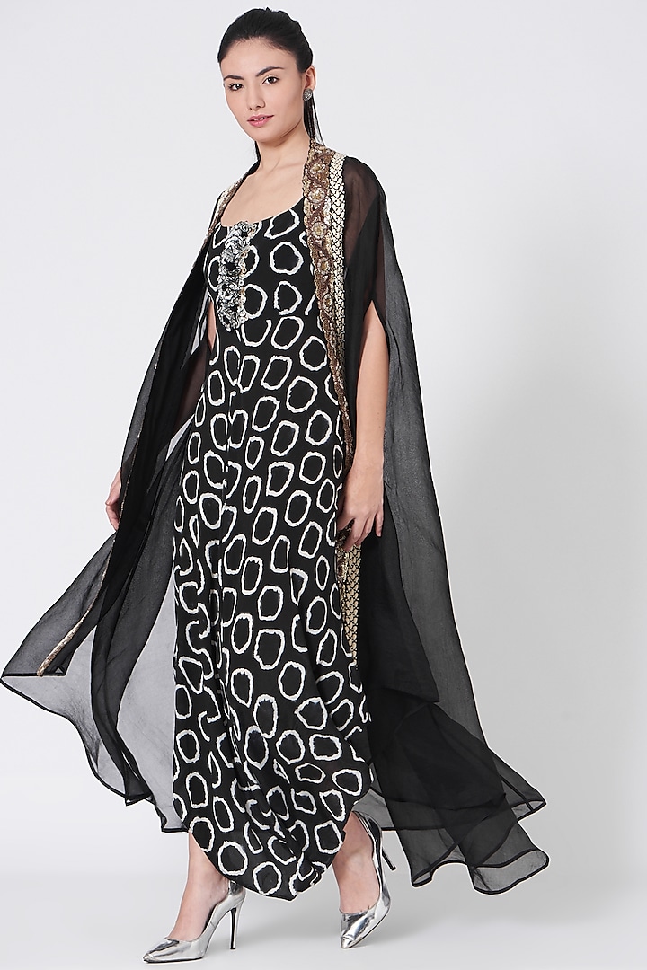 Black Sequins Embroidered Jumpsuit With Cape by Nupur Kanoi