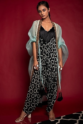 Black Draped Jumpsuit With Aqua Jacket by Nupur Kanoi