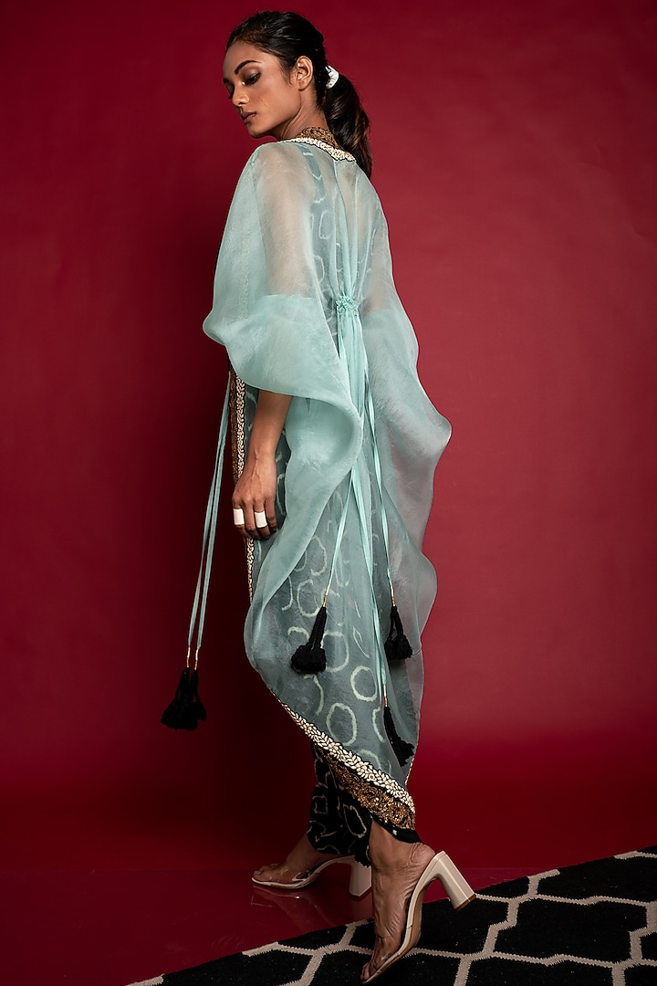 Black Draped Jumpsuit With Aqua Jacket by Nupur Kanoi at Pernia's Pop Up Shop