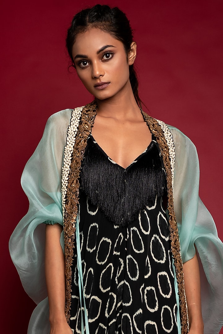 Black Draped Jumpsuit With Aqua Jacket by Nupur Kanoi at Pernia's Pop Up Shop