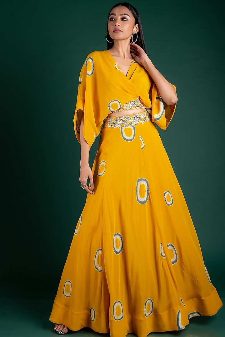 Mustard Polka Dotted Lehenga Set by Nupur Kanoi