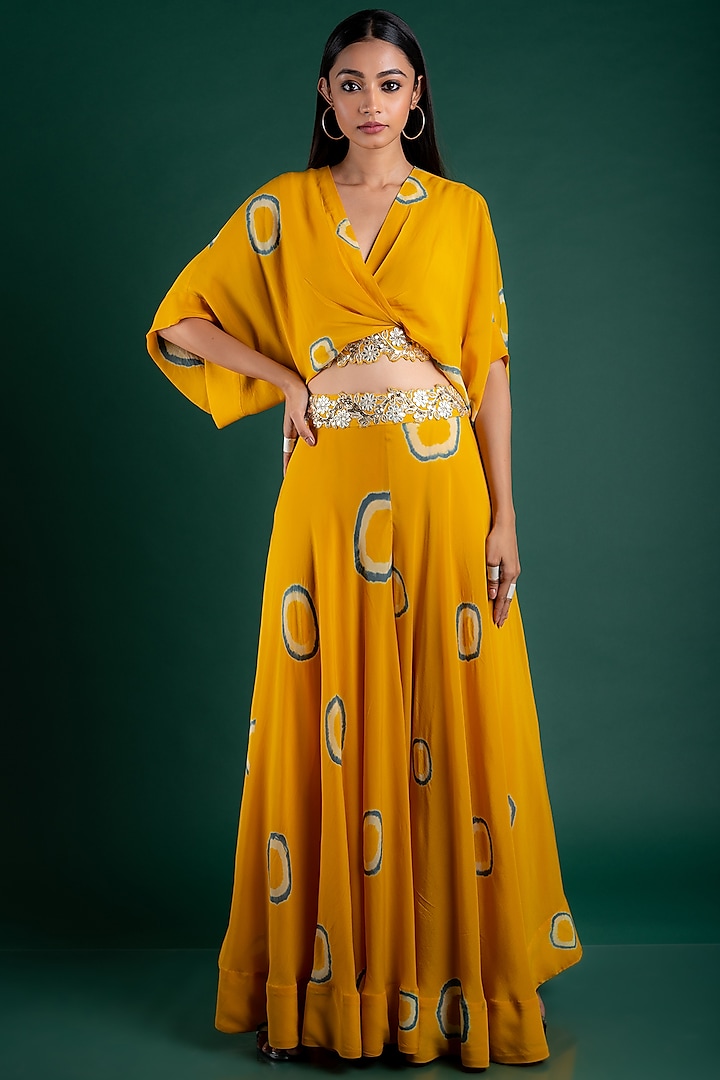 Mustard Polka Tie-Dye Printed Circular Pant Set by Nupur Kanoi
