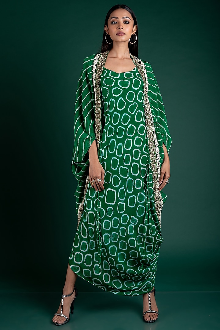 Emerald Green Bandhani Printed Jacket With Dress by Nupur Kanoi