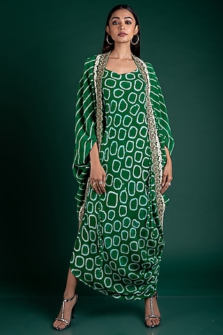 Emerald Green Bandhani Printed Jacket With Dress by Nupur Kanoi