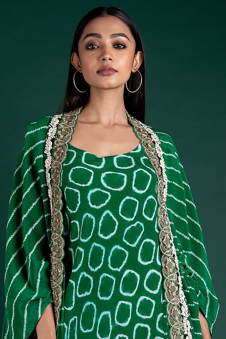 Emerald Green Bandhani Printed Jacket With Party Wear Dress by Nupur Kanoi at Pernia's Pop Up Shop