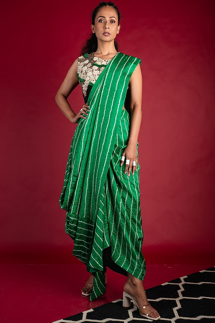 Green Bandhani Printed Cowl Saree Set by Nupur Kanoi