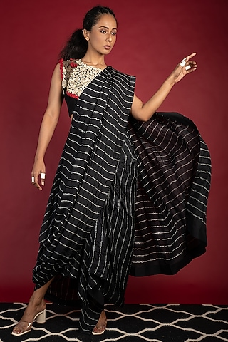 Black Bandhani Printed Cowl Saree Set by Nupur Kanoi