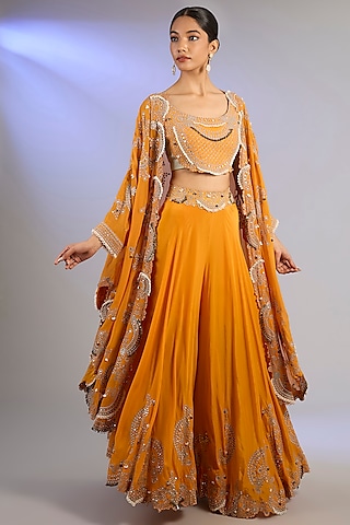 Orange Silk & Crepe Hand Embroidered Sharara Set by Nupur Kanoi