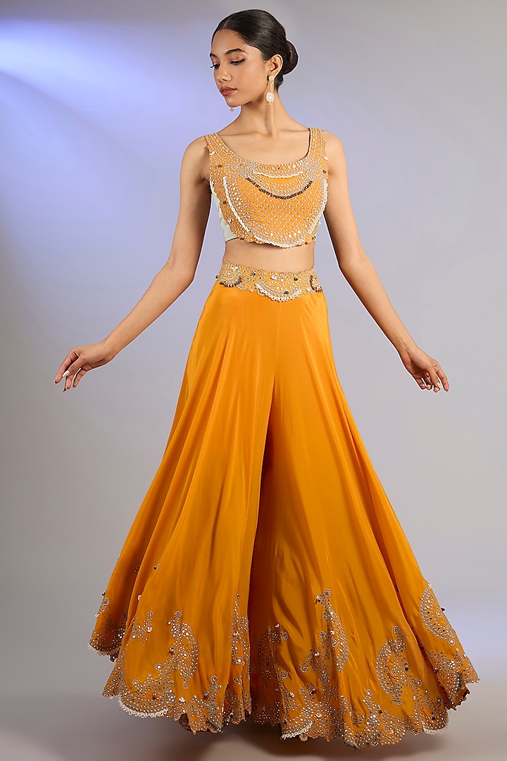 Orange Silk & Crepe Hand Embroidered Bridal Sharara Set by Nupur Kanoi at Pernia's Pop Up Shop