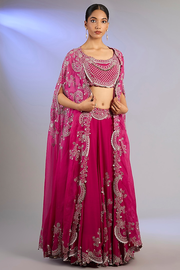 Fuchsia Silk Hand Embroidered Jacket Bridal Lehenga Set by Nupur Kanoi at Pernia's Pop Up Shop