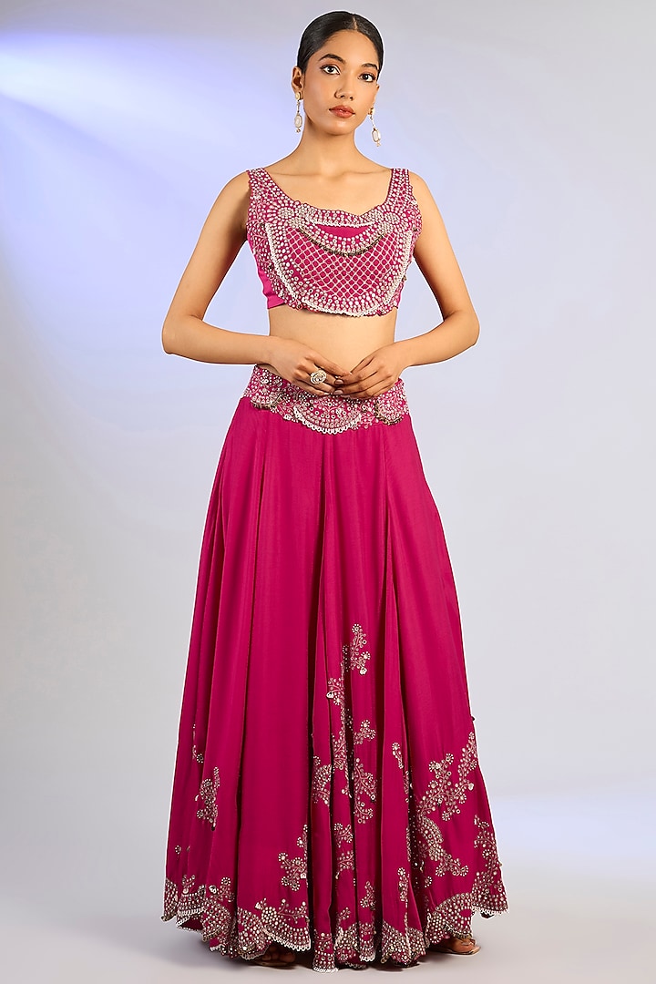 Fuchsia Silk Hand Embroidered Jacket Bridal Lehenga Set by Nupur Kanoi at Pernia's Pop Up Shop
