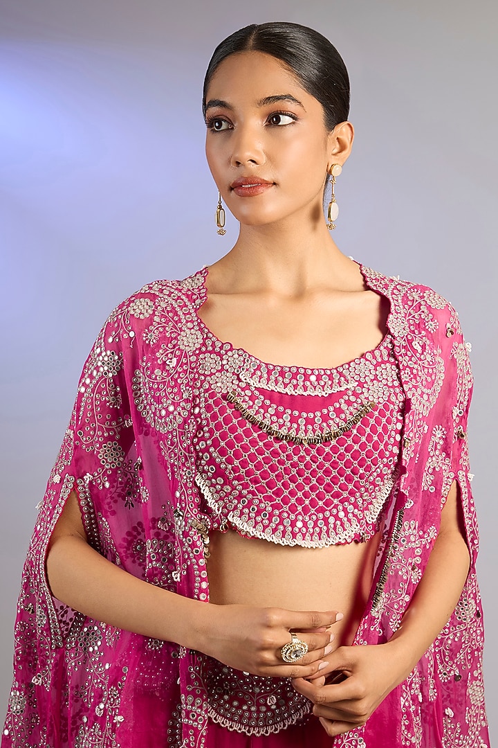 Fuchsia Silk Hand Embroidered Jacket Bridal Lehenga Set by Nupur Kanoi at Pernia's Pop Up Shop