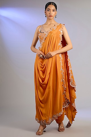 Orange Habutai Silk Hand Embroidered Pre-Draped Dhoti Saree Set by Nupur Kanoi