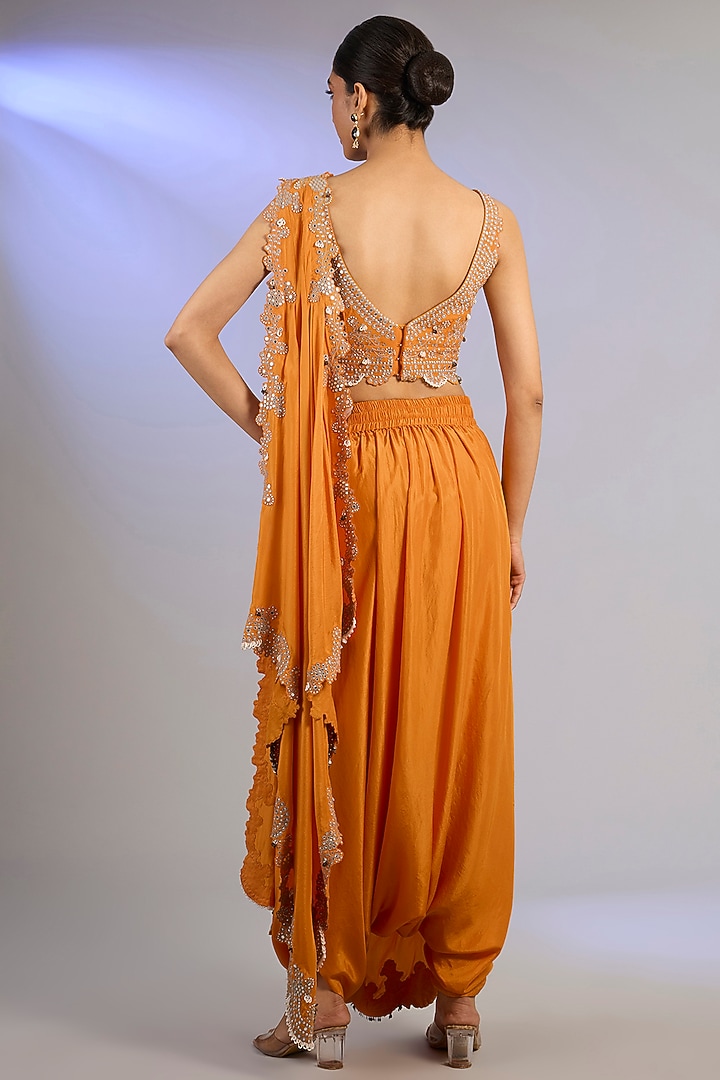 Orange Habutai Silk Hand Embroidered Pre-Draped Dhoti Reception Saree Set by Nupur Kanoi at Pernia's Pop Up Shop