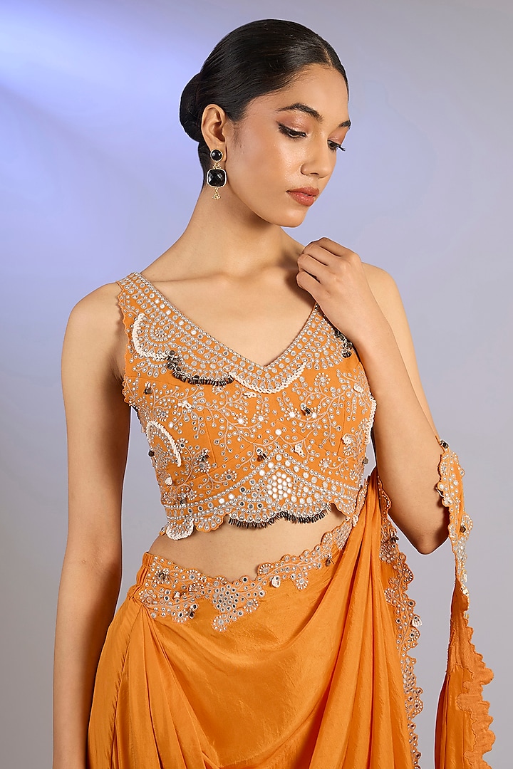 Orange Habutai Silk Hand Embroidered Pre-Draped Dhoti Reception Saree Set by Nupur Kanoi at Pernia's Pop Up Shop