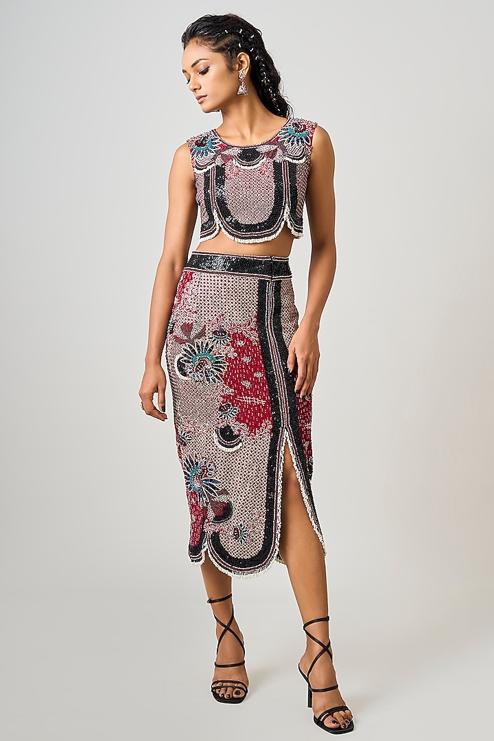 Burgundy Crepe Hand Embroidered Pencil Skirt Set by Nupur Kanoi at Pernia's Pop Up Shop