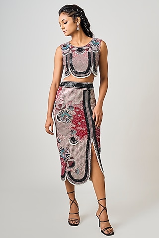 Burgundy Crepe Hand Embroidered Pencil Skirt Set by Nupur Kanoi