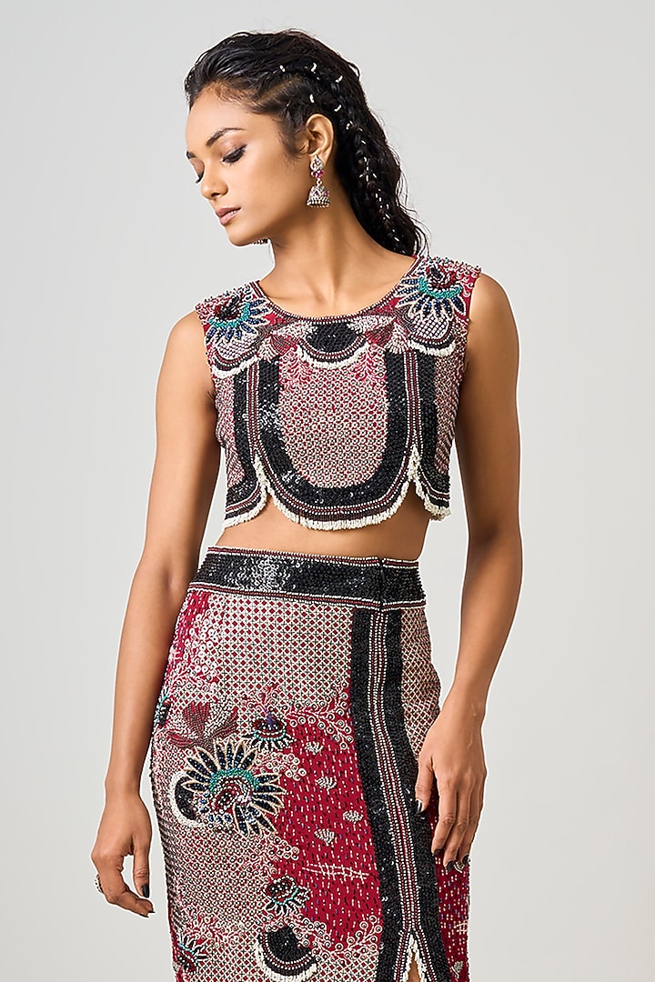 Burgundy Crepe Hand Embroidered Pencil Skirt Set by Nupur Kanoi at Pernia's Pop Up Shop