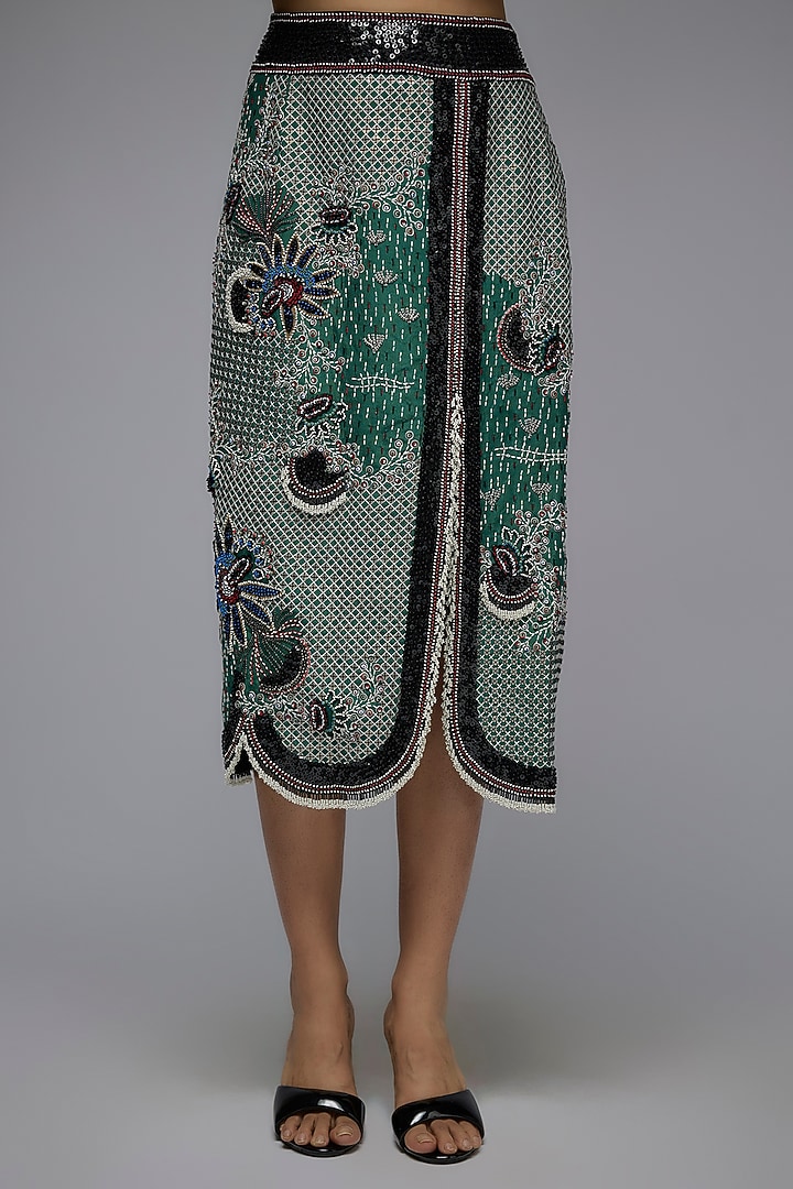Teal Green Crepe & Georgette Hand Embroidered Pencil Skirt Set by Nupur Kanoi at Pernia's Pop Up Shop