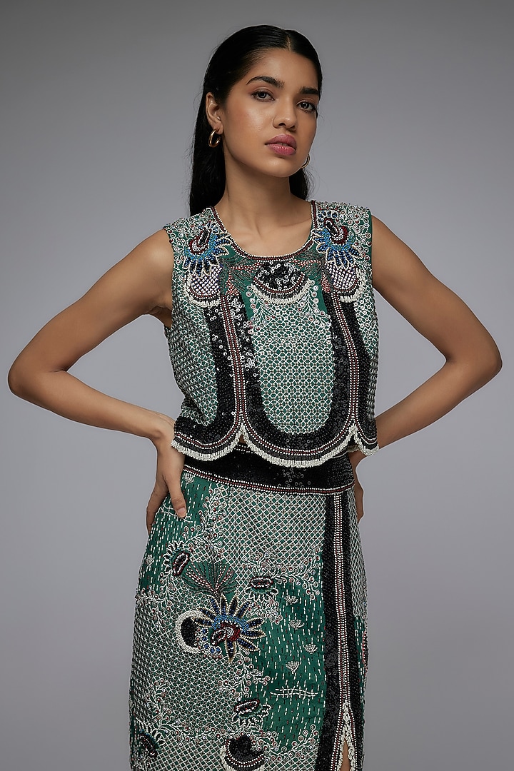 Teal Green Crepe & Georgette Hand Embroidered Pencil Skirt Set by Nupur Kanoi at Pernia's Pop Up Shop