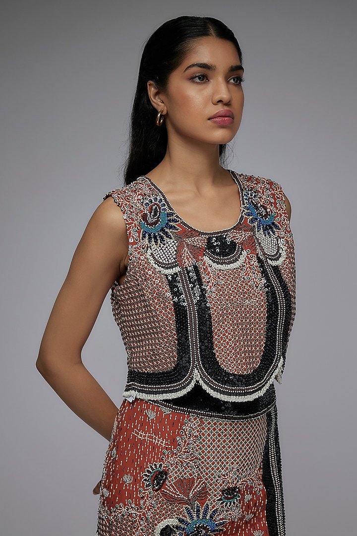 Orange Crepe & Georgette Hand Embroidered Pencil Skirt Set by Nupur Kanoi at Pernia's Pop Up Shop
