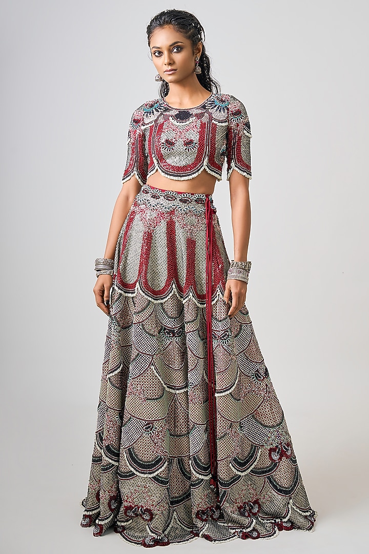 Burgundy Crepe Hand Embroidered Bridal Lehenga Set by Nupur Kanoi at Pernia's Pop Up Shop