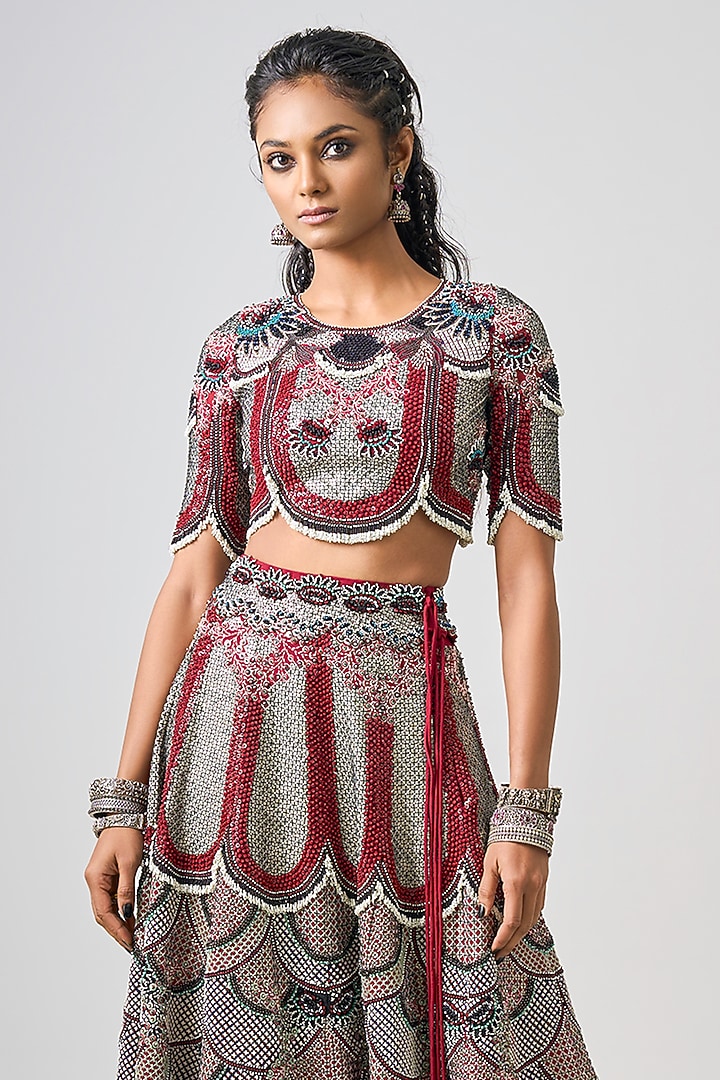 Burgundy Crepe Hand Embroidered Bridal Lehenga Set by Nupur Kanoi at Pernia's Pop Up Shop