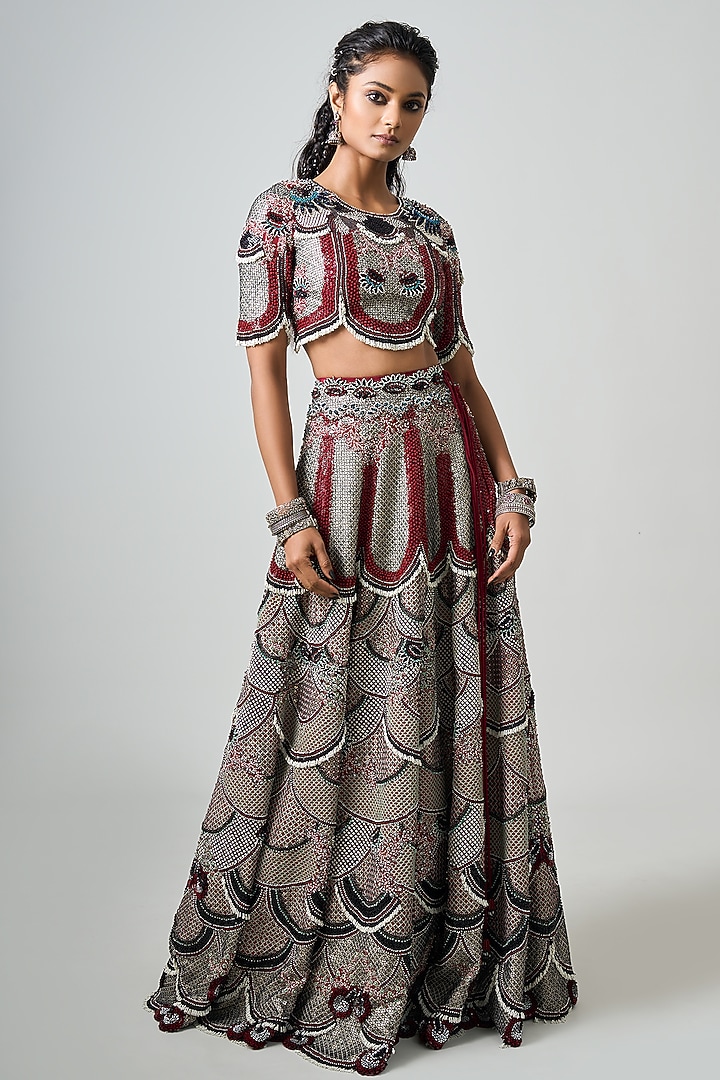 Burgundy Crepe Hand Embroidered Bridal Lehenga Set by Nupur Kanoi at Pernia's Pop Up Shop