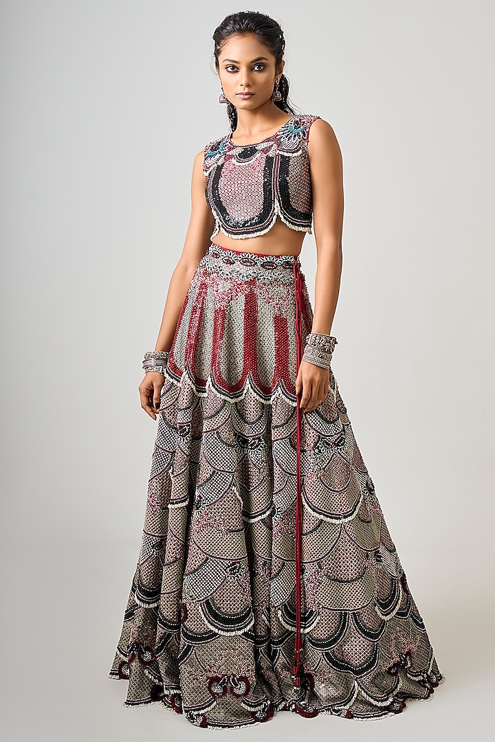 Burgundy Crepe Hand Embroidered Bridal Lehenga Set by Nupur Kanoi at Pernia's Pop Up Shop