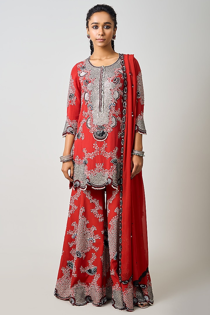 Rust Orange Crepe Hand Embroidered Gharara Set by Nupur Kanoi at Pernia's Pop Up Shop