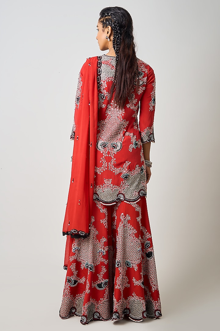 Rust Orange Crepe Hand Embroidered Gharara Set by Nupur Kanoi at Pernia's Pop Up Shop